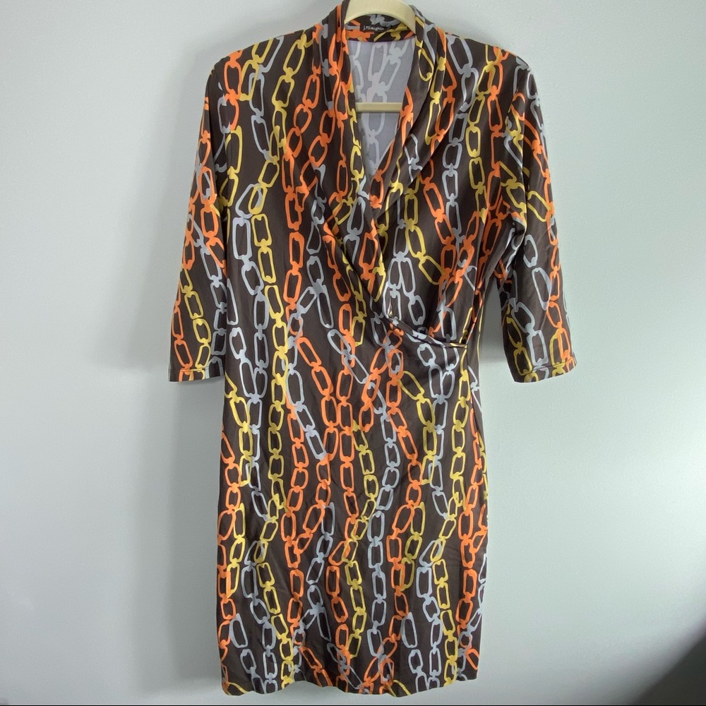 J. McLaughlin Chain Print Dress Wrap Brown Stretch *350